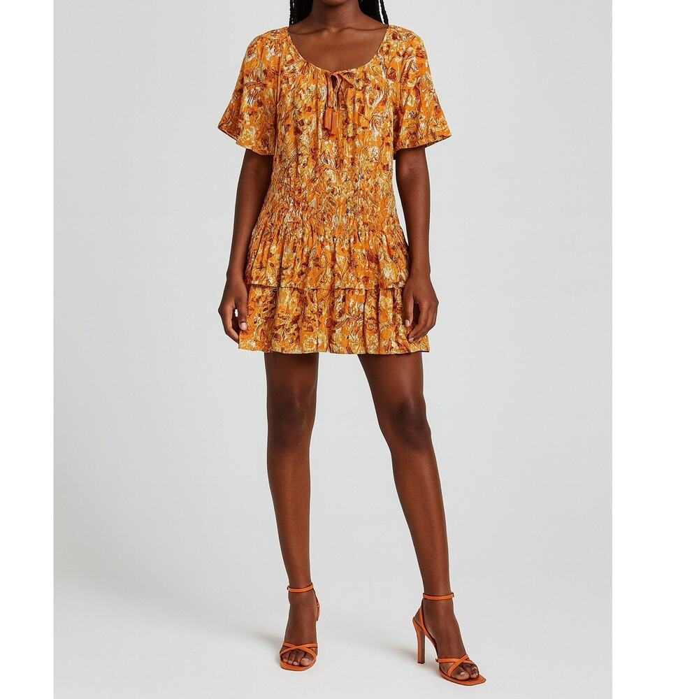 NWT Aerie Vibrant Orange Floral Mini Dress large 100% cotton boho flutter sleeve